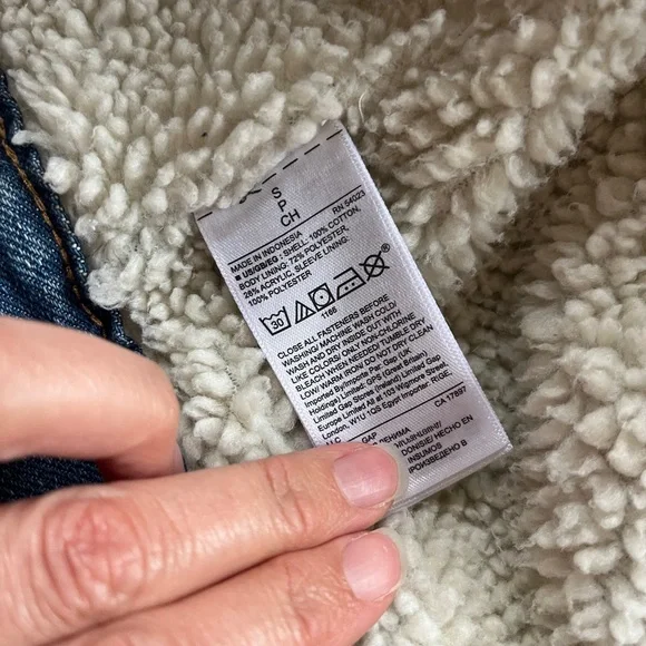 Vintage GAP cropped hooded Sherpa denim jean jacket medium indigo wash S M hood - Picture 9 of 10